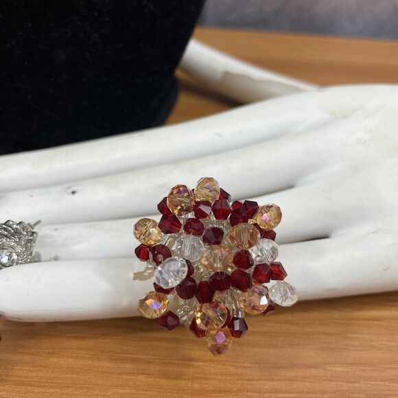 Vintage Beaded Necklace set earrings bracelet ring faux clear and ruby bead - Picture 5 of 16